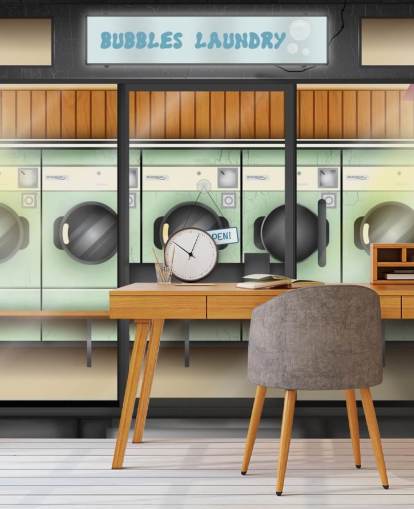 Wandbild mit Waschsalonfassade für Pflegeheime mit Demenz