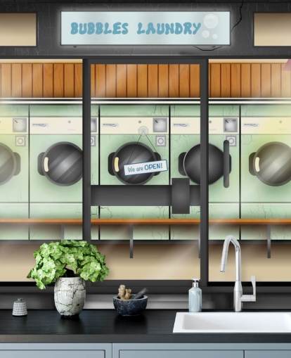 laundrette facade wall mural for care homes with dementia
