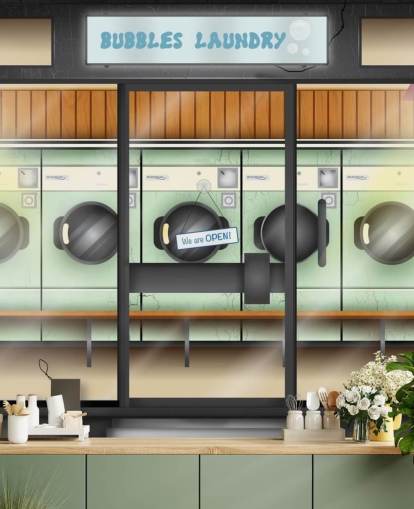 launderette facade wall mural for care homes with dementia