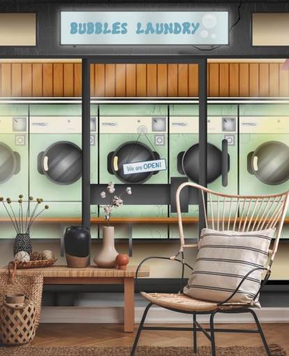 laundrette facade vægmaleri til plejehjem med demens