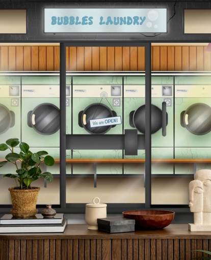 laundrette facade wall mural for care homes with dementia