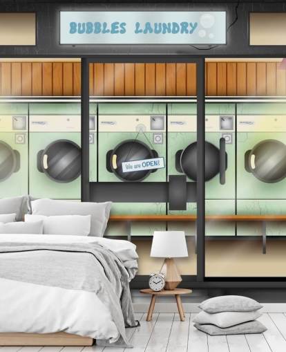 laundrette facade wall mural for care homes with dementia