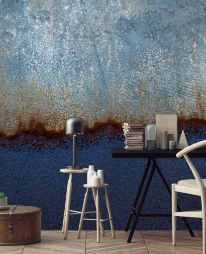 blue and brown abstract mural called Rusty Metal II by Tim Mossholder for living rooms and bathrooms