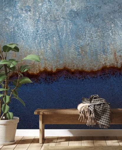 mural abstrato azul e marrom chamado Rusty Metal II de Tim Mossholder para salas de estar e banheiros