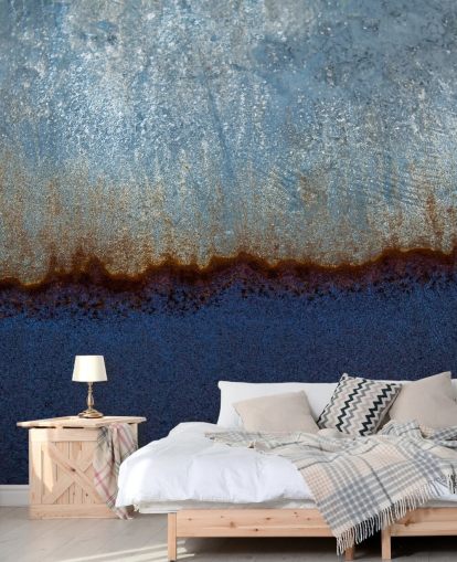 blauwe en bruine abstracte muurschildering genaamd Rusty Metal II van Tim Mossholder voor woonkamers en badkamers blauwe en bruine abstracte muurschildering genaamd Rusty Metal II van Tim Mossholder voor woonkamers en badkamers