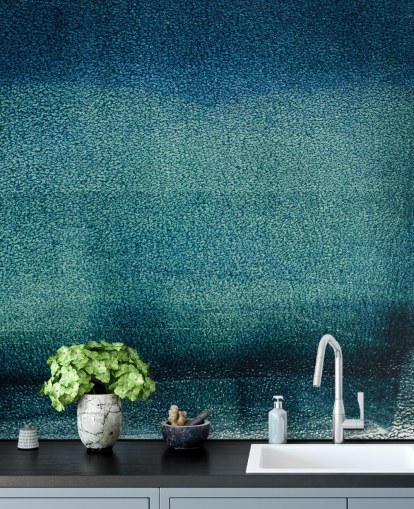 teal customisable abstract wall mural called Teal Serenity by Tim Mossholder for bathrooms and kitchens