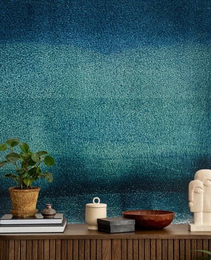 teal customisable abstract wall mural called Teal Serenity by Tim Mossholder for bathrooms and kitchens