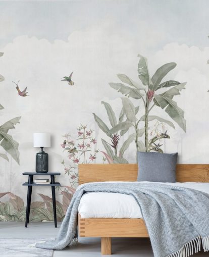 blue grey custom jungle mural called Faded Blue Vintage Borneo Jungle by Bloomery Decor