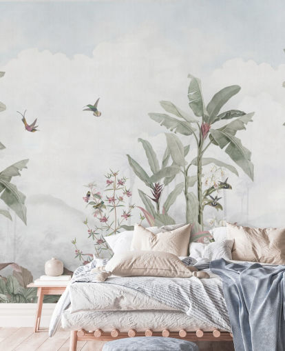blue gray custom jungle mural called Faded Blue Vintage Borneo Jungle by Bloomery Decor blue gray custom jungle mural called Faded Blue Vintage Borneo Jungle by Bloomery Decor