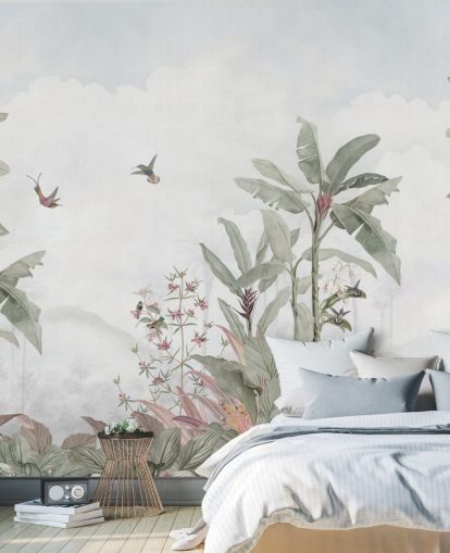 blauwgrijze junglemuurschildering op maat genaamd Faded Blue Vintage Borneo Jungle van Bloomery Decor