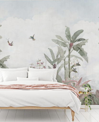 blågrå anpassad djungelväggmålning som heter Faded Blue Vintage Borneo Jungle av Bloomery Decor