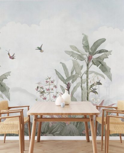 blågrå anpassad djungelväggmålning som heter Faded Blue Vintage Borneo Jungle av Bloomery Decor