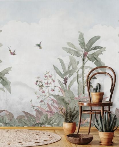 blue gray custom jungle mural called Faded Blue Vintage Borneo Jungle by Bloomery Decor blue gray custom jungle mural called Faded Blue Vintage Borneo Jungle by Bloomery Decor