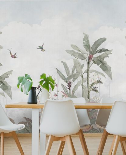 mural de selva personalizado em azul, cinza, chamado Faded Blue Vintage Borneo Jungle, da Bloomery Decor