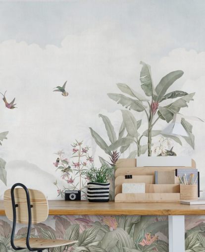 blågrå anpassad djungelväggmålning som heter Faded Blue Vintage Borneo Jungle av Bloomery Decor