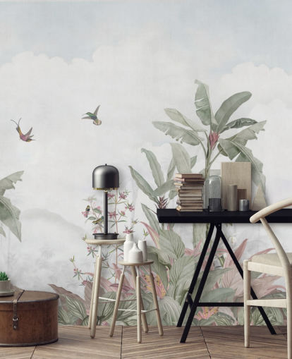 blågrå anpassad djungelväggmålning som heter Faded Blue Vintage Borneo Jungle av Bloomery Decor blågrå anpassad djungelväggmålning som heter Faded Blue Vintage Borneo Jungle av Bloomery Decor