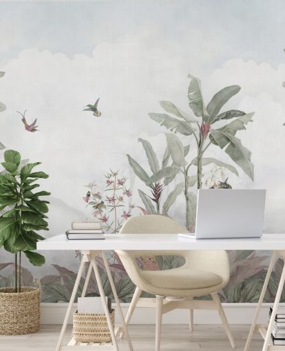 blauwgrijze junglemuurschildering op maat genaamd Faded Blue Vintage Borneo Jungle van Bloomery Decor blauwgrijze junglemuurschildering op maat genaamd Faded Blue Vintage Borneo Jungle van Bloomery Decor