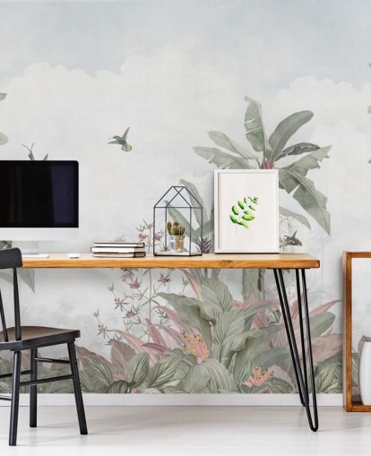 blågrå tilpasset jungelveggmaleri kalt Faded Blue Vintage Borneo Jungle av Bloomery Decor blågrå tilpasset jungelveggmaleri kalt Faded Blue Vintage Borneo Jungle av Bloomery Decor