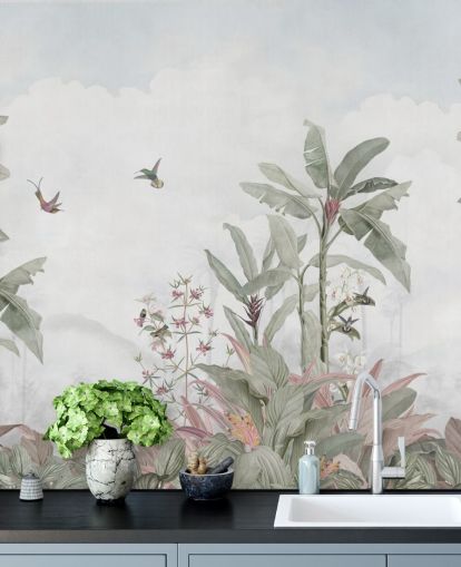 blue grey custom jungle mural called Faded Blue Vintage Borneo Jungle by Bloomery Decor