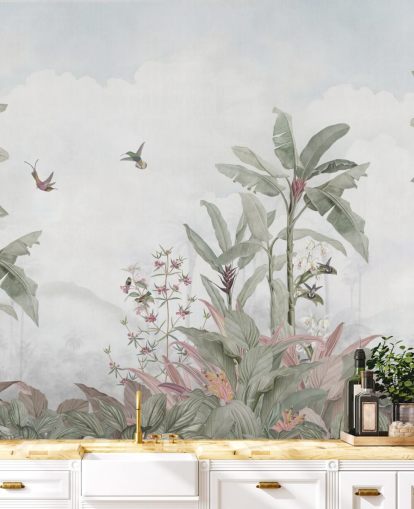 sininharmaa mukautettu viidakon seinämaalaus nimeltä Faded Blue Vintage Borneo Jungle by Bloomery Decor