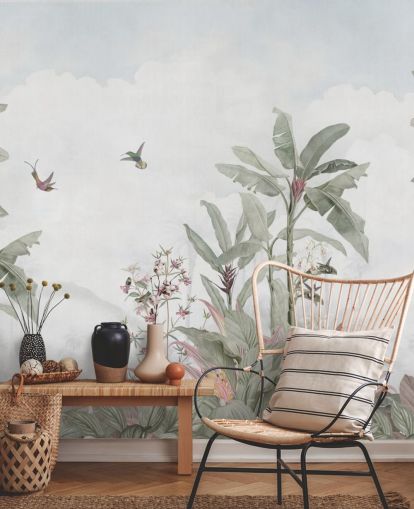 blågrå anpassad djungelväggmålning som heter Faded Blue Vintage Borneo Jungle av Bloomery Decor blågrå anpassad djungelväggmålning som heter Faded Blue Vintage Borneo Jungle av Bloomery Decor