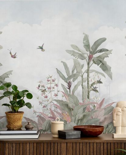 blue grey custom jungle mural called Faded Blue Vintage Borneo Jungle by Bloomery Decor