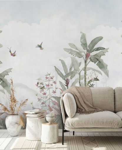 sininharmaa mukautettu viidakon seinämaalaus nimeltä Faded Blue Vintage Borneo Jungle by Bloomery Decor sininharmaa mukautettu viidakon seinämaalaus nimeltä Faded Blue Vintage Borneo Jungle by Bloomery Decor