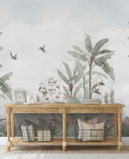 peinture murale personnalisée de la jungle bleu-gris appelée Faded Blue Vintage Borneo Jungle par Bloomery Decor