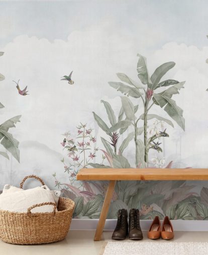 mural de selva personalizado em azul, cinza, chamado Faded Blue Vintage Borneo Jungle, da Bloomery Decor