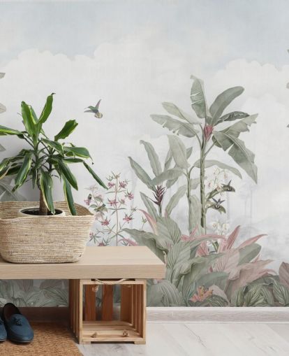 blauwgrijze junglemuurschildering op maat genaamd Faded Blue Vintage Borneo Jungle van Bloomery Decor blauwgrijze junglemuurschildering op maat genaamd Faded Blue Vintage Borneo Jungle van Bloomery Decor