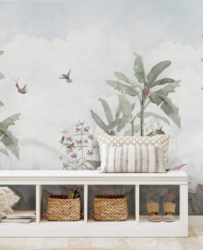 blue grey custom jungle mural called Faded Blue Vintage Borneo Jungle by Bloomery Decor blue grey custom jungle mural called Faded Blue Vintage Borneo Jungle by Bloomery Decor