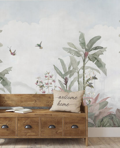 blågrå brugerdefineret jungle-vægmaleri kaldet Faded Blue Vintage Borneo Jungle af Bloomery Decor blågrå brugerdefineret jungle-vægmaleri kaldet Faded Blue Vintage Borneo Jungle af Bloomery Decor