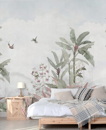 blågrå brugerdefineret jungle-vægmaleri kaldet Faded Blue Vintage Borneo Jungle af Bloomery Decor blågrå brugerdefineret jungle-vægmaleri kaldet Faded Blue Vintage Borneo Jungle af Bloomery Decor