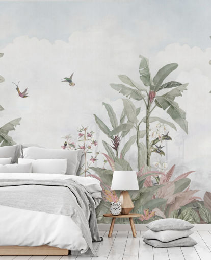 blågrå brugerdefineret jungle-vægmaleri kaldet Faded Blue Vintage Borneo Jungle af Bloomery Decor