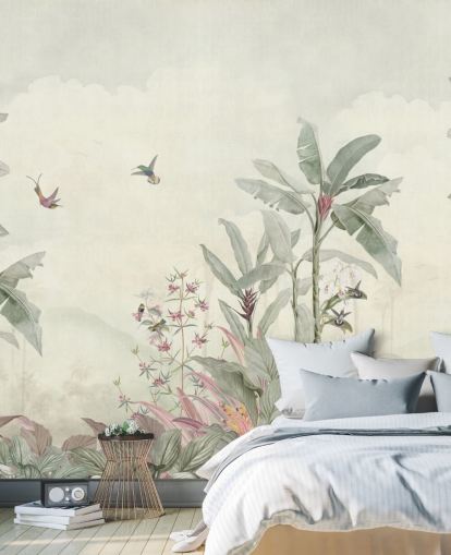 grønt tilpasset vintage jungelveggmaleri kalt Faded Green Vintage Borneo Jungle av Bloomery Decor