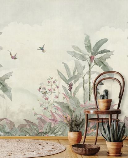 Bloomery Decorin vihreä mukautettu vintage-viidakon seinämaalaus nimeltä Faded Green Vintage Borneo Jungle