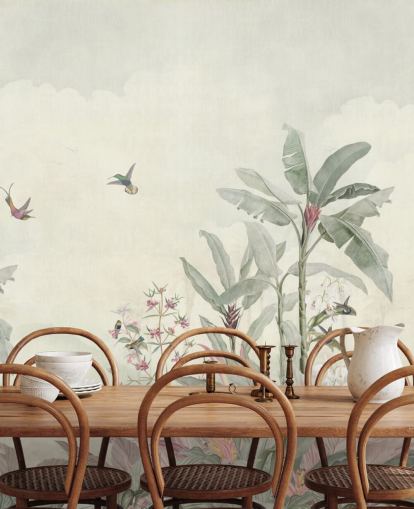 groene op maat gemaakte vintage junglemuurschildering genaamd Faded Green Vintage Borneo Jungle van Bloomery Decor