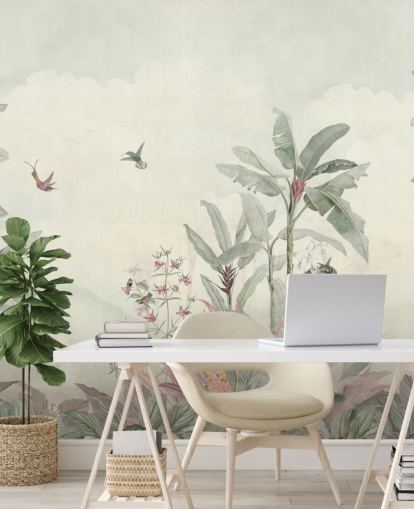groene op maat gemaakte vintage junglemuurschildering genaamd Faded Green Vintage Borneo Jungle van Bloomery Decor groene op maat gemaakte vintage junglemuurschildering genaamd Faded Green Vintage Borneo Jungle van Bloomery Decor