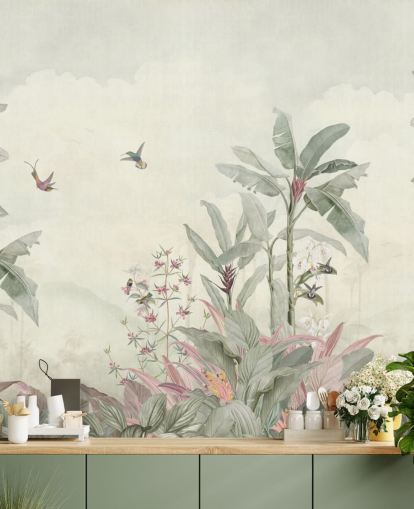 grøn brugerdefineret vintage jungle vægmaleri kaldet Faded Green Vintage Borneo Jungle af Bloomery Decor