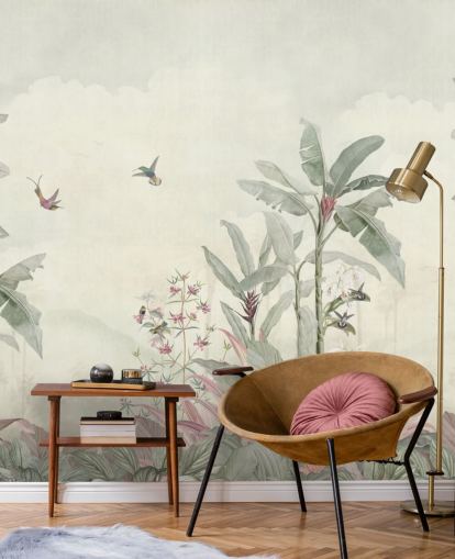 grön anpassad vintage djungel väggmålning som heter Faded Green Vintage Borneo Jungle av Bloomery Decor grön anpassad vintage djungel väggmålning som heter Faded Green Vintage Borneo Jungle av Bloomery Decor