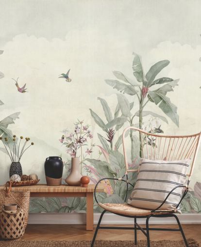 grön anpassad vintage djungel väggmålning som heter Faded Green Vintage Borneo Jungle av Bloomery Decor