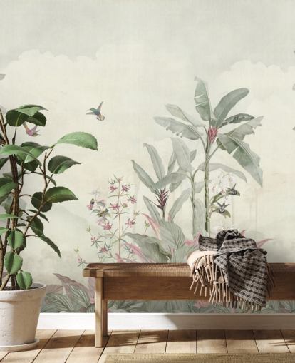 grøn brugerdefineret vintage jungle vægmaleri kaldet Faded Green Vintage Borneo Jungle af Bloomery Decor grøn brugerdefineret vintage jungle vægmaleri kaldet Faded Green Vintage Borneo Jungle af Bloomery Decor