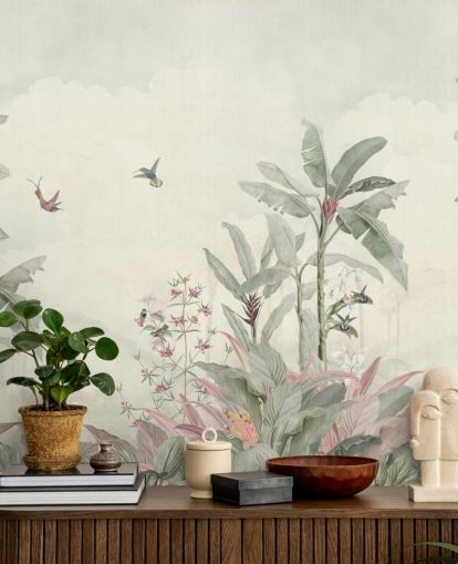 grön anpassad vintage djungel väggmålning som heter Faded Green Vintage Borneo Jungle av Bloomery Decor