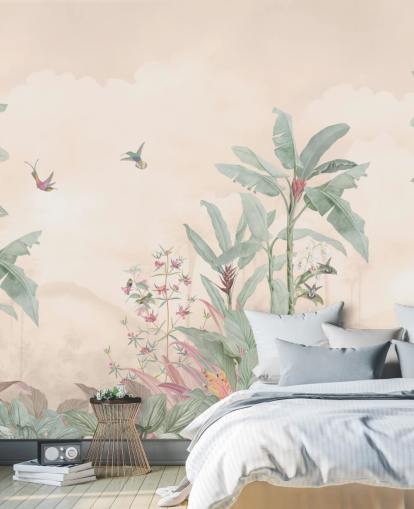 pastelli mukautettu vintage-viidakon seinämaalaus nimeltä Pastel Vintage Borneo Jungle by Bloomery Decor