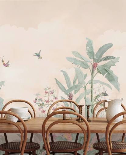 pastelli mukautettu vintage-viidakon seinämaalaus nimeltä Pastel Vintage Borneo Jungle by Bloomery Decor