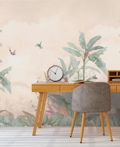 pastelli mukautettu vintage-viidakon seinämaalaus nimeltä Pastel Vintage Borneo Jungle by Bloomery Decor