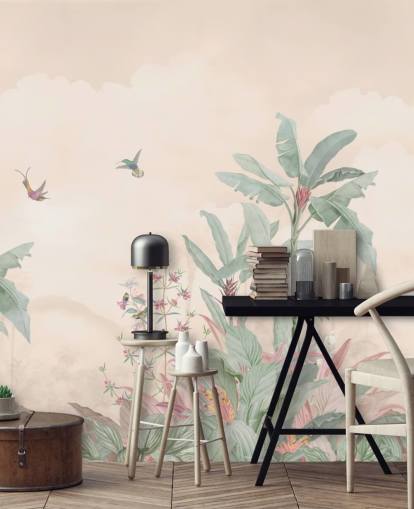 mural de selva vintage personalizado em tons pastel chamado Pastel Vintage Borneo Jungle da Bloomery Decor mural de selva vintage personalizado em tons pastel chamado Pastel Vintage Borneo Jungle da Bloomery Decor