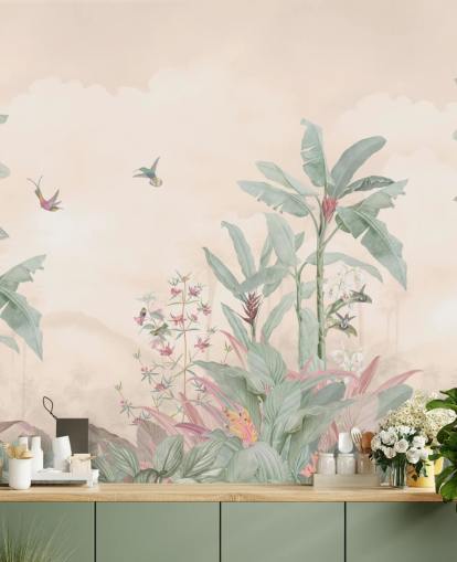 pastelli mukautettu vintage-viidakon seinämaalaus nimeltä Pastel Vintage Borneo Jungle by Bloomery Decor pastelli mukautettu vintage-viidakon seinämaalaus nimeltä Pastel Vintage Borneo Jungle by Bloomery Decor