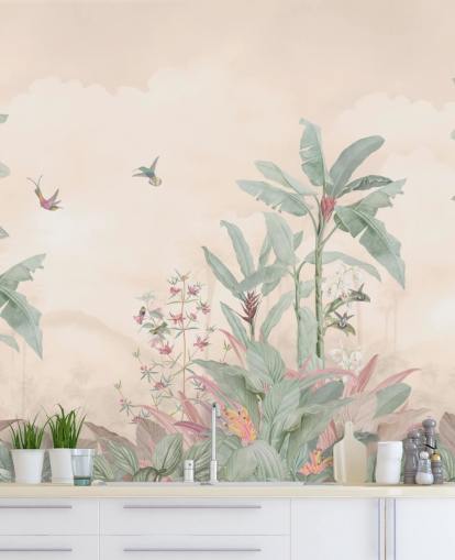 individuelles Vintage-Dschungel-Wandbild in Pastellfarben namens Pastel Vintage Borneo Jungle von Bloomery Decor