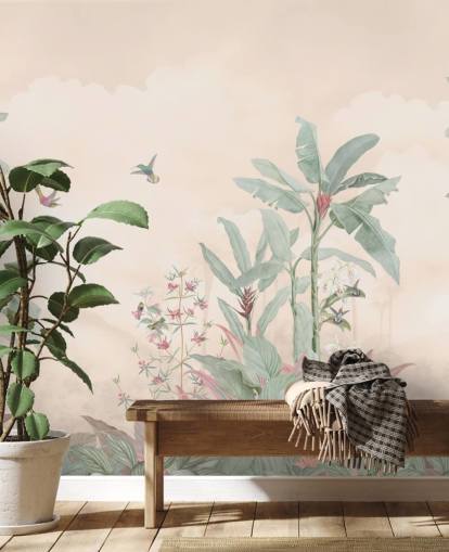 pastelkleurige vintage junglemuurschildering genaamd Pastel Vintage Borneo Jungle van Bloomery Decor